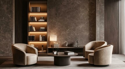 Modern interior design featuring cozy seating area with stylish decor, warm lighting, and bookshelf backdrop