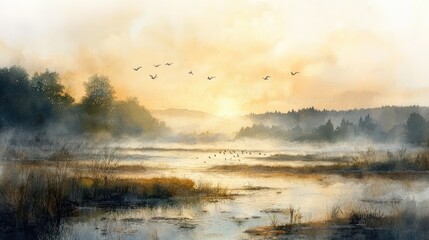 Obraz premium Serene Sunrise over Misty Lake and Birds in Flight