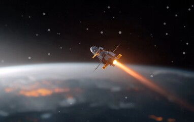 Naklejka premium Spacecraft departing Earth, fiery engine trail visible against a dark space background with stars and planet Earth's horizon. Image depicts a sense of adventure and exploration