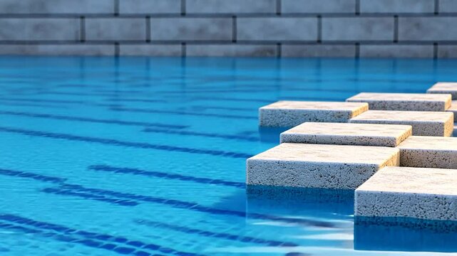 Tranquil pool scene with floating stones, serene water reflections, and a stone wall backdrop