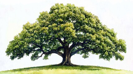 Fototapeta premium Majestic oak tree with full green canopy standing on a grassy hill on a clear, bright day
