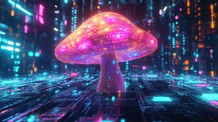 Fototapeta premium Glowing Cyber-Mushroom in Neon Cityscape (1)