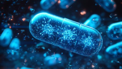 Glowing blue capsule with virus particles