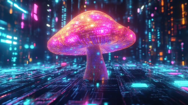 Glowing Cyber-Mushroom in Neon Cityscape (1)