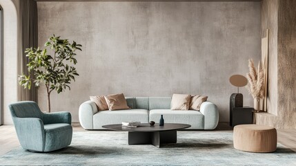 Modern living room with a light blue sofa, decorative plants, and minimalist decor in a stylish interior setting