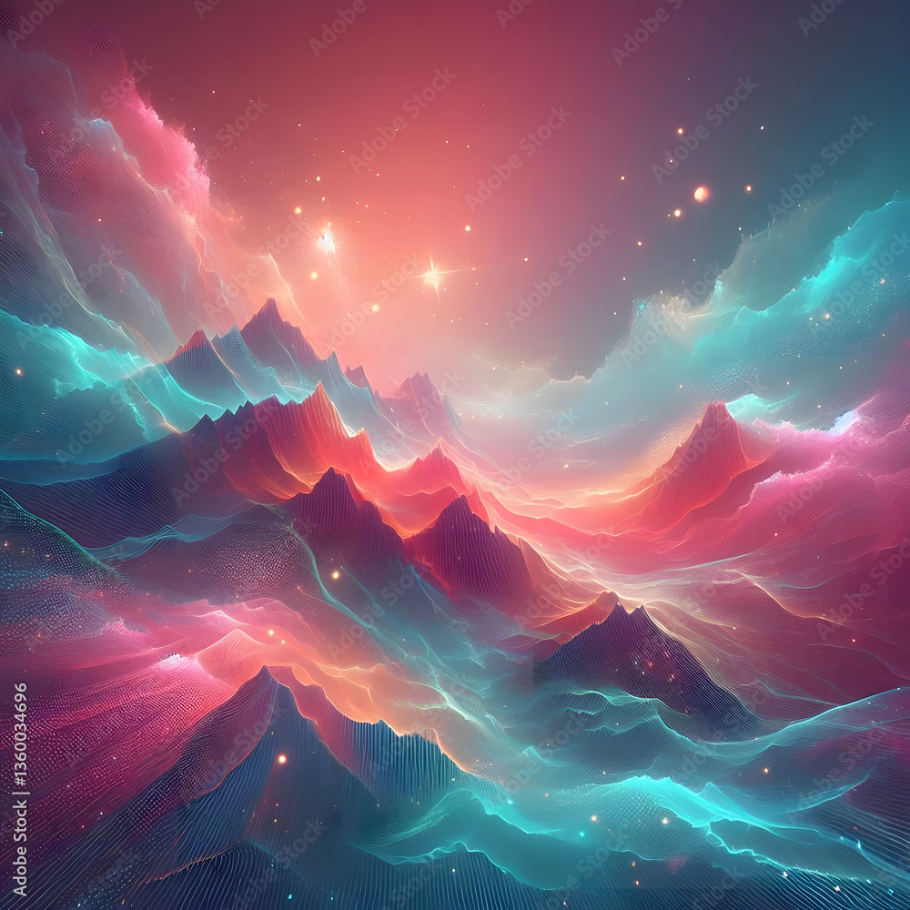 Poster a celestial scene unfolds with vibrant, cloud-like formations in a spectrum of colors, illuminated b