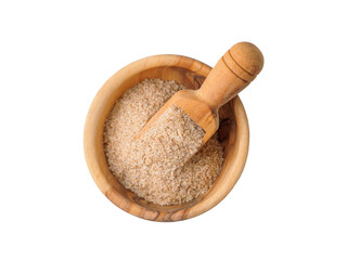 Psyllium husk in the plate with spoon on white background.