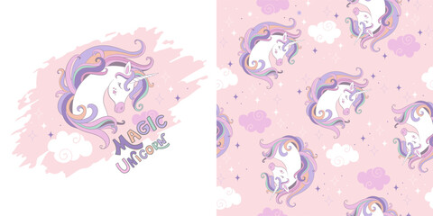 Happy unicorn. Isolated illustration and seamless pattern with unicorns and magic elements. Vector set of magic horse and background. For kids clothes, fabrics, dishes, bed linen, print and design