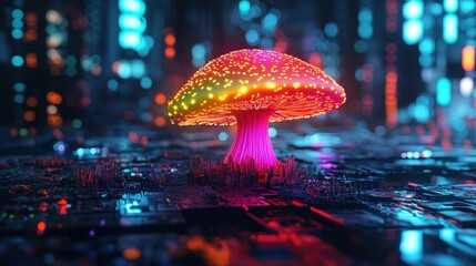 Glowing mushroom in futuristic city circuit, digital art