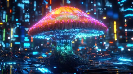 Glowing Neon Mushroom in Futuristic Cityscape