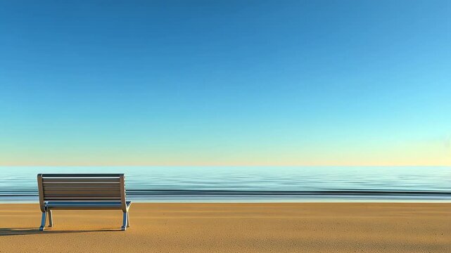Serene Beach Scene with Empty Bench Overlooking Calm Ocean Waters