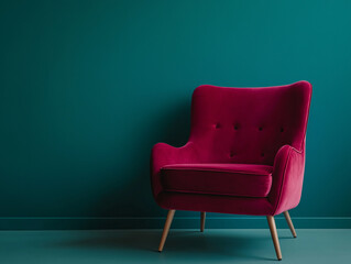 Elegant Velvet Armchair Against a Bold Teal Wall in Minimalist Design, retro style