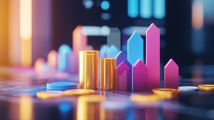 Housing market trend, fluctuating coins and graphs, 3D illustration.