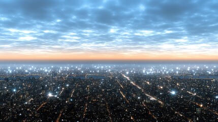 A foggy night reveals a bustling city with glowing skyscrapers, street lights, and a meandering river under an atmospheric sky