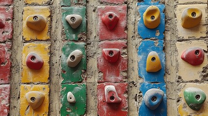 A colorful climbing wall covered with various holds for training