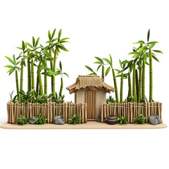 Obraz premium Idyllic Bamboo Hut and Garden A 3D Render of Tranquil Asian-Inspired Scene.