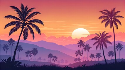 Serene Sunset Over Tropical Landscape with Silhouetted Palm Trees