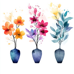 Watercolor Flower Vases With Bright Blossoms