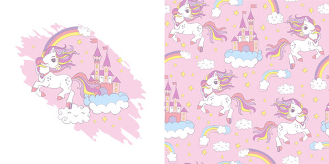 Happy unicorn. Isolated illustration and seamless pattern with unicorns and magic elements. Vector set of magic horse and background. For kids clothes, fabrics, dishes, bed linen, print and design