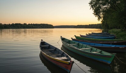 Colorful rowboats resting on a lake at sunset, very serene and peaceful scene.