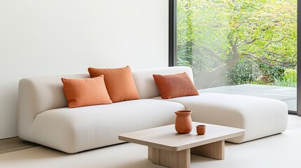 A modern living room featuring a stylish white sofa with orange cushions, a wooden coffee table, and large windows showcasing greenery outside, Sustainable Living, Sustainable Living.