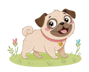 Adorable cartoon pug. Small dog friendly and happy. Simple design, Hand Drawn flat style. Perfect for childrens books, pet products, or animated content. Happy, friendly and affectionate little dog