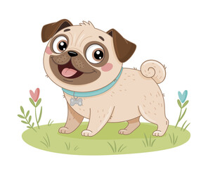 Adorable cartoon pug. Small dog friendly and happy. Simple design, Hand Drawn flat style. Perfect for childrens books, pet products, or animated content. Happy, friendly and affectionate little dog