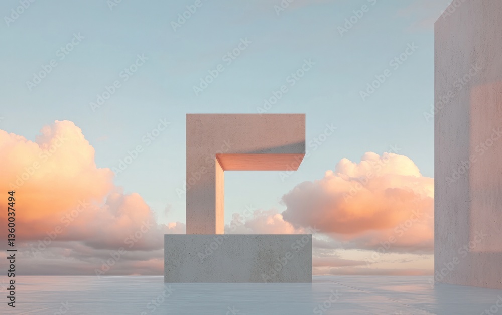 Poster abstract digital art depicting a concrete structure against a pastel sunset sky. the image features 