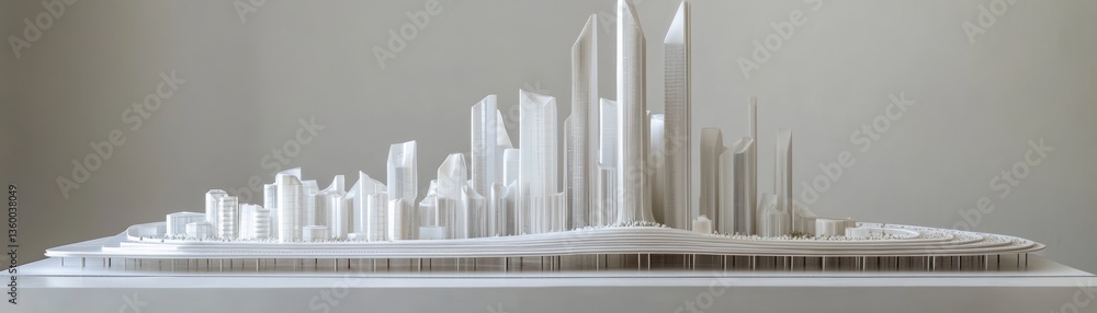Poster a detailed architectural model of a modern skyline featuring various buildings and towers, showcasin