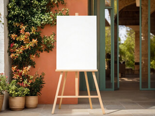 Chic Wedding Signage Mockup in Green Courtyard with Wooden Easel

