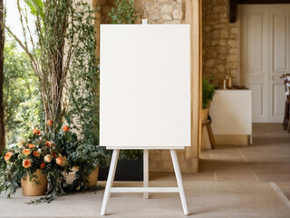 Blank Event Signage on Easel in Stylish Courtyard with Tropical Plants