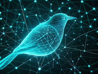 A bird made of lines and wires is standing, Digital Bird in a Network, Digital innovation.