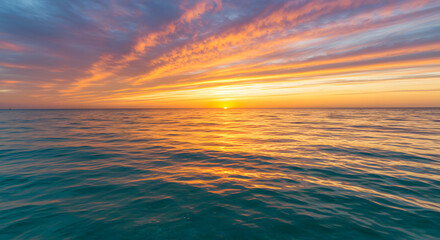 Fototapeta premium Serene Sunset over Calm Teal Ocean with Vivid Hues