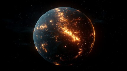 Illuminated Planet with City Lights in Space, A digitally rendered image of a planet with illuminated city lights on its surface
