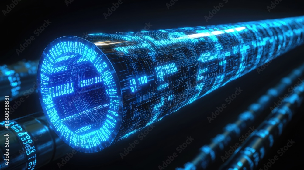 Poster futuristic digital data transmission tube glowing with blue binary code, set against a dark, tech-in