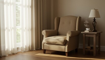 Cozy armchair in a room next to a window and a side table with a lamp.