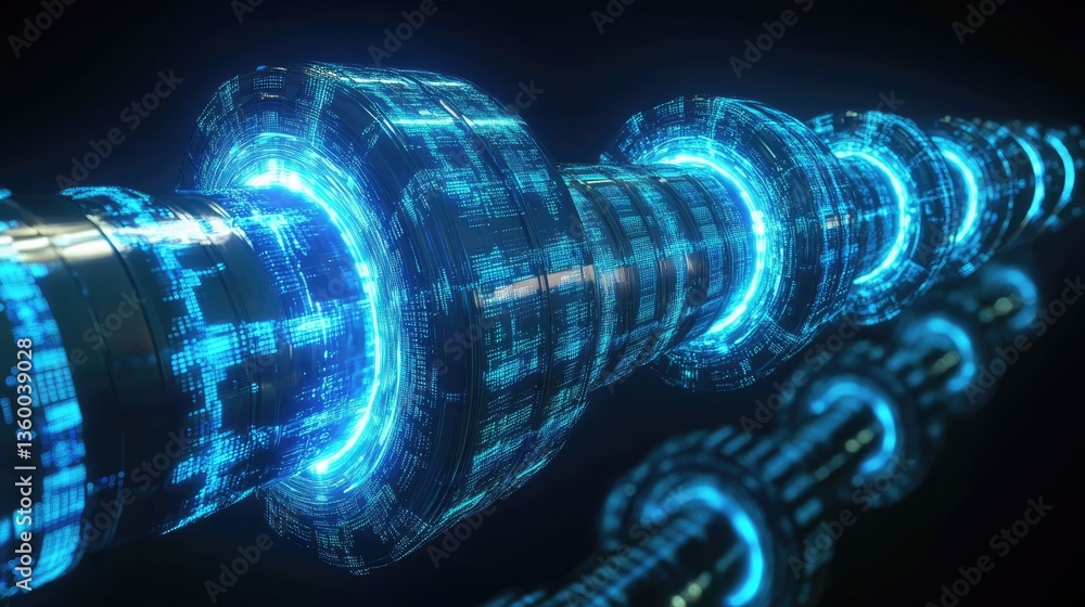 Poster futuristic digital tunnel with glowing blue elements and intricate patterns, suggesting advanced tec