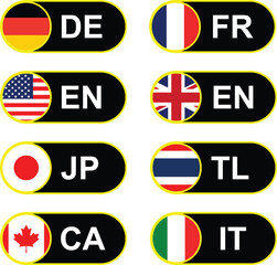 Round Flag Icon Set of UAE United Arab Emirates China Germany UK United Kingdom USA United States of America France Italy Japan Thailand and Canada Flag Button Signs with Language Codes