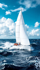 Naklejka premium A sailboat navigates choppy waters under a partly cloudy sky, with waves splashing around.