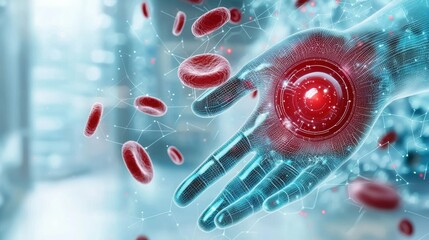 A futuristic hand with glowing elements surrounded by floating red blood cells, symbolizing advanced technology in healthcare or biotechnology.