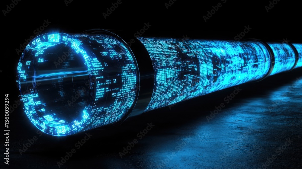 Poster futuristic glowing data pipeline with intricate digital patterns, set against a dark background, sym