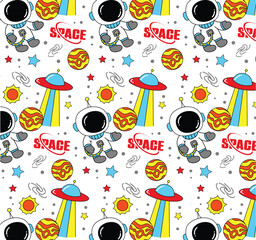 Space Adventure Seamless Pattern with Astronaut and UFO