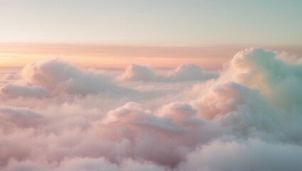 Dreamy cloudscape. Hues of pink, orange, and soft teal sky above fluffy clouds