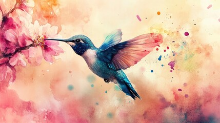 Hummingbird Watercolor Art: A Serene Flight Among Blossoms