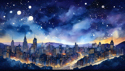 Fototapeta premium A watercolor painting depicts a city skyline at night, with a starry sky above and lights illuminating the buildings