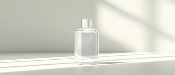 clear glass serum bottle stands elegantly on minimalist surface, illuminated by soft natural light, creating serene atmosphere