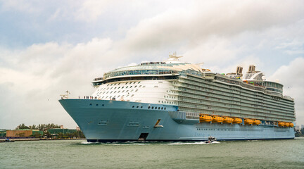 Aerial view of cruise in summer vacation. Cruise ship tour and travel at sea. Aerial view of luxury...