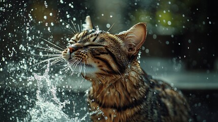 Absorbing Cat Under Shower Spray Refreshing Outdoor Summer Hydration Featuring Feline Friend