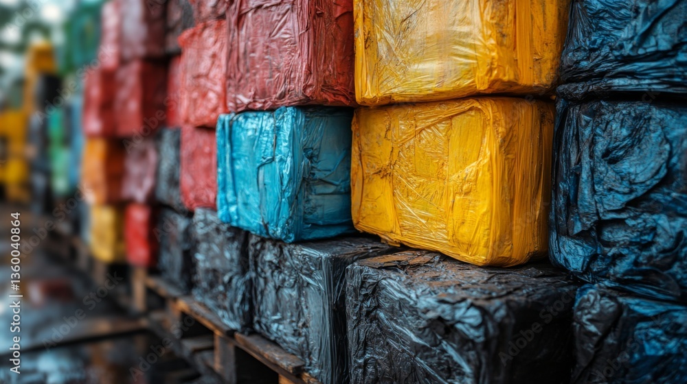 Aufkleber Recyclable materials are neatly stacked in colorful bales within a logistics warehouse, emphasizing efficient inventory storage and sustainable practices for waste management.