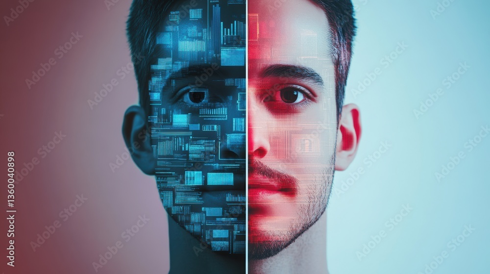Aufkleber a split-faced image showing a human on one side and digital patterns on the other, symbolizing the b